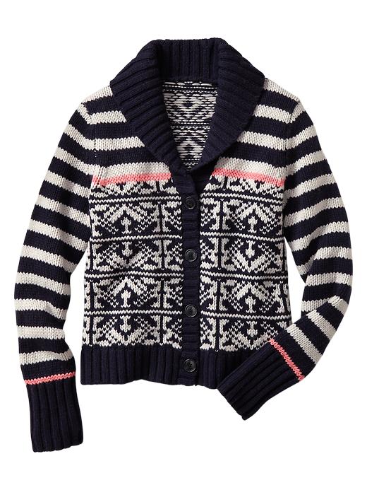 2 of 8 showing, with the color dark night of product Fair Isle stripe shawl cardigan