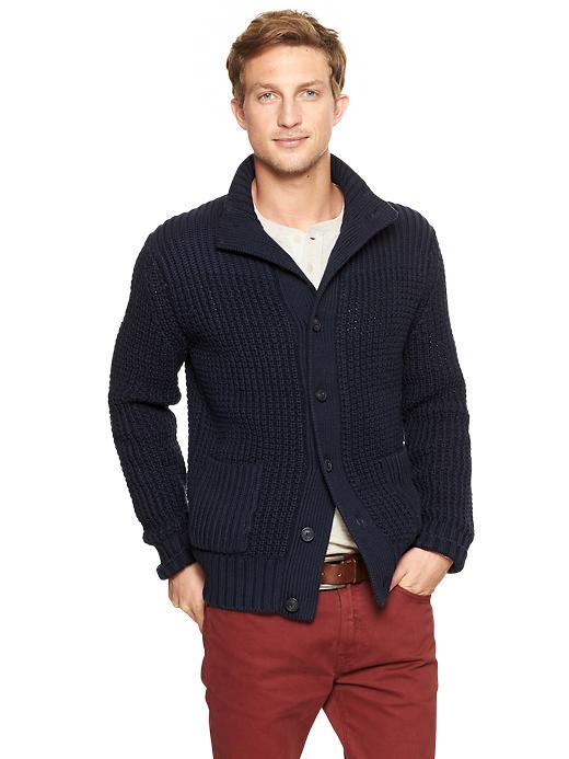 1 of 8 showing, with the color true navy of product Tuck-stitch mockneck cardigan