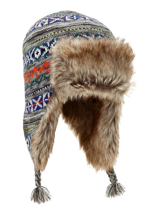 1 of 8 showing, with the color heather grey of product Intarsia Fair Isle trapper hat