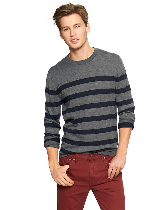 1 of 8 showing, with the color dark charcoal of product Merino Striped Crewneck Sweater