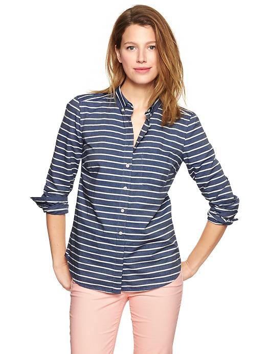 View large product image 1 of 1. Shrunken boyfriend stripe chambray shirt