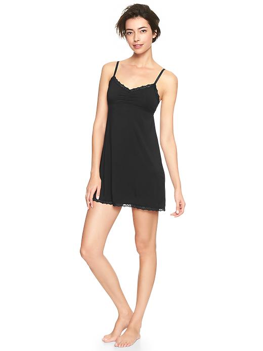 1 of 8 showing, with the color true black of product Lace-trim modal gown