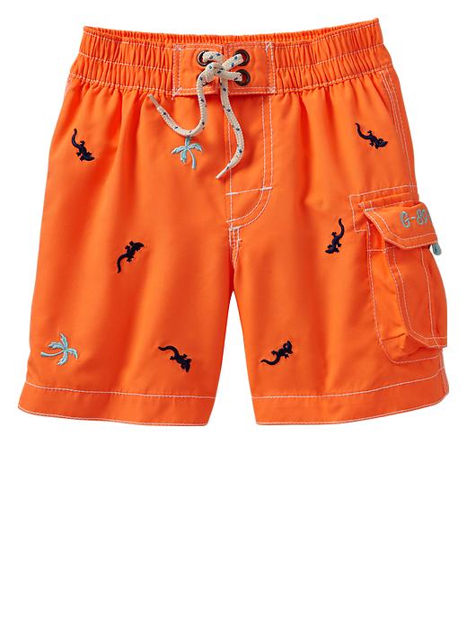 1 of 8 showing, with the color shocking orange 151360 of product Embroidered tropical swim trunks