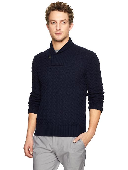 1 of 8 showing, with the color dark night of product Cable shawlneck pullover