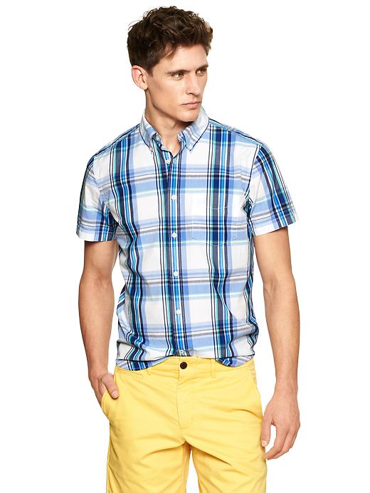 1 of 8 showing, with the color dutch blue of product Lived-in wash multi plaid shirt