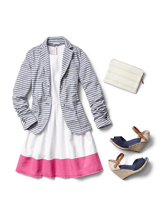 2 of 8 showing, with the color pink colorblock of product Sleeveless colorblock fit & flare dress
