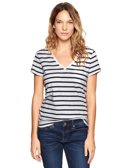 1 of 8 showing, with the color navy stripe of product Essential stripe pocket V-neck tee