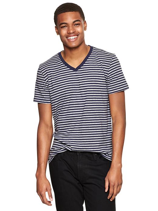 1 of 8 showing, with the color navy stripe of product Essential striped V-neck T-shirt