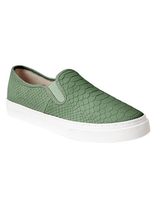 1 of 8 showing, with the color boggy green of product Snakeskin textured slip-on sneakers