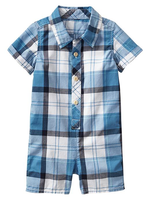 1 of 8 showing, with the color blue of product Plaid button-up one-piece