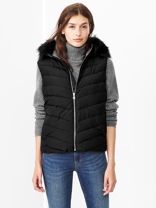 1 of 8 showing, with the color true black of product PrimaLoft® Luxe fur-trim puffer vest