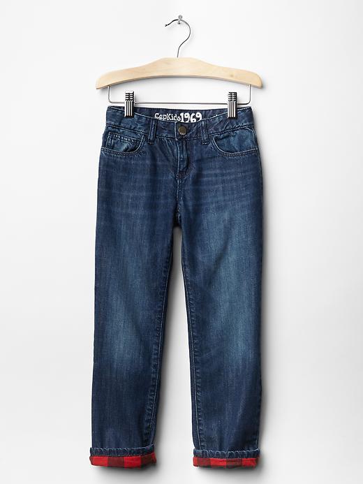 1 of 8 showing, with the color denim of product Kids Plaid-Lined Straight Jeans