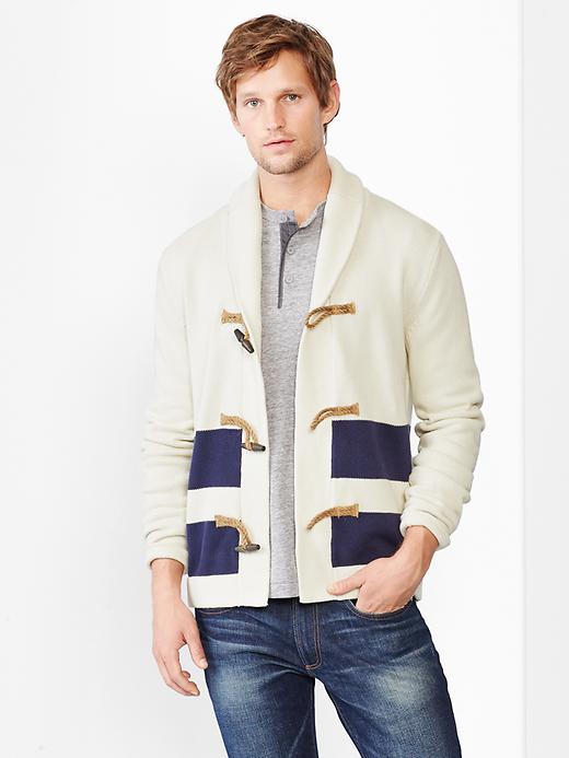 1 of 8 showing, with the color off white of product Toggle double-stripe shawl cardigan