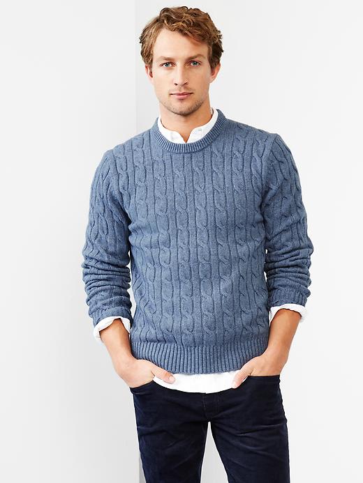 1 of 8 showing, with the color blue heather of product Lambswool cable knit sweater