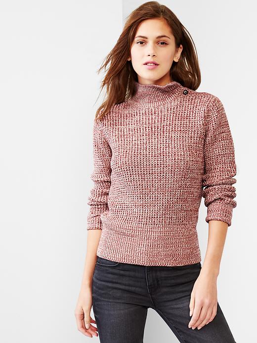 1 of 8 showing, with the color pink marled of product Button mockneck marled waffle sweater