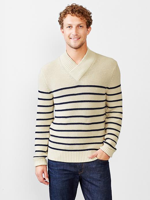 1 of 8 showing, with the color off white of product Half shawl marled sweater