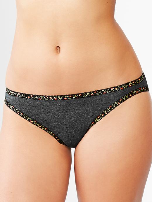 1 of 8 showing, with the color dark charcoal heather of product Floral-trim skinny bikini