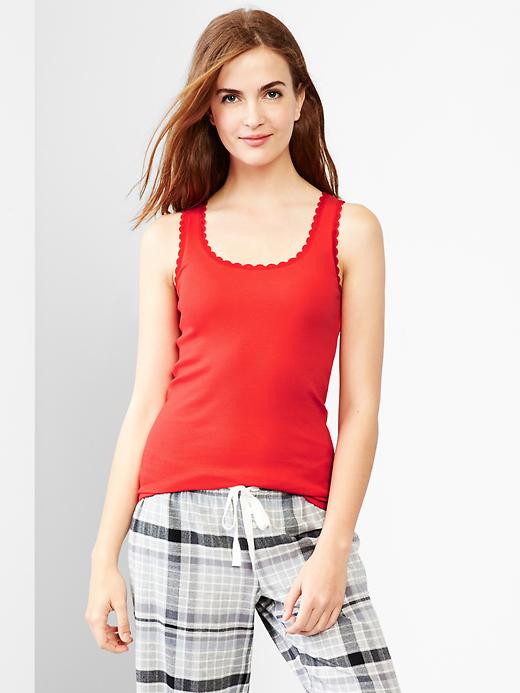 1 of 8 showing, with the color pure red of product Lace-trim ribbed tank