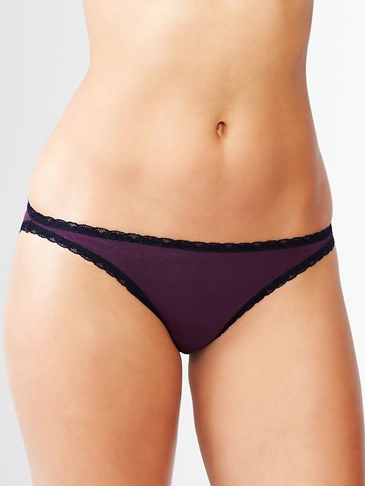 1 of 8 showing, with the color rich wine of product Lace trim skinny bikini