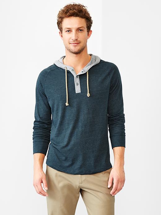 1 of 8 showing, with the color mountain pine of product Tri-blend contrast hooded henley