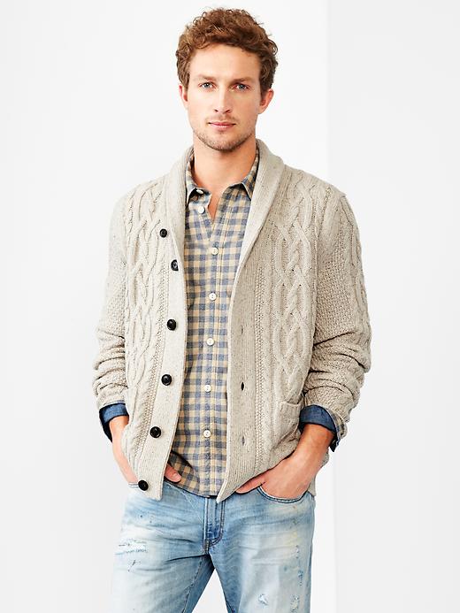 1 of 8 showing, with the color oatmeal heather of product Lambswool cable knit shawl cardigan