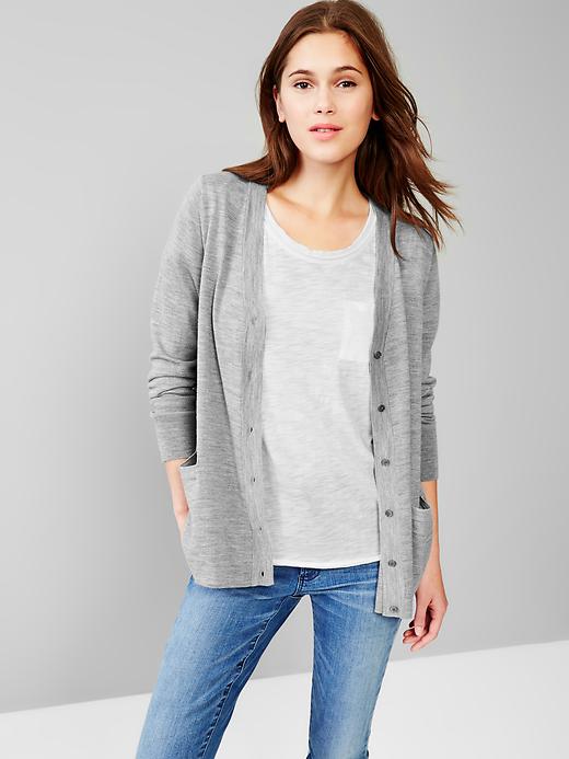 1 of 8 showing, with the color light gray heather of product Merino A-line cardigan