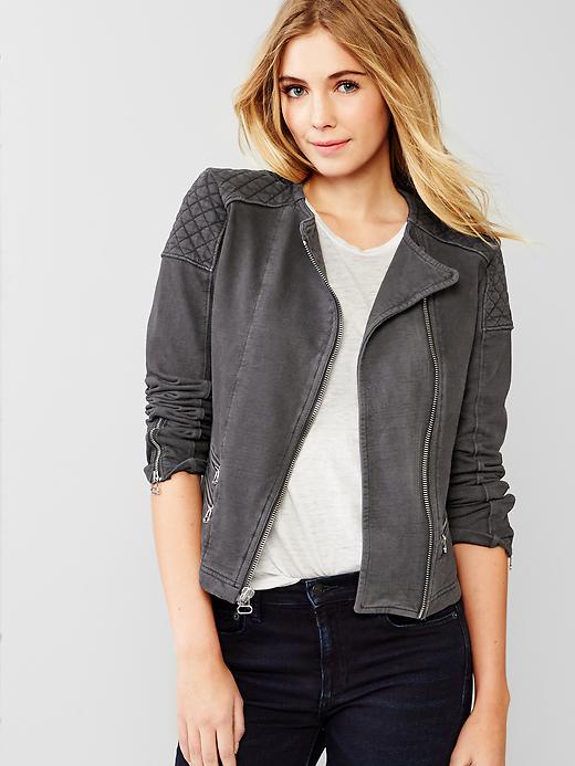 1 of 8 showing, with the color soft black of product Quilted moto knit jacket