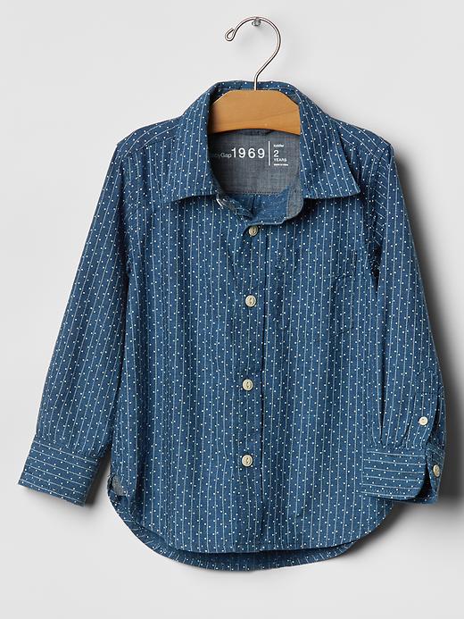 1 of 8 showing, with the color medium indigo of product Indigo dot stripe chambray shirt