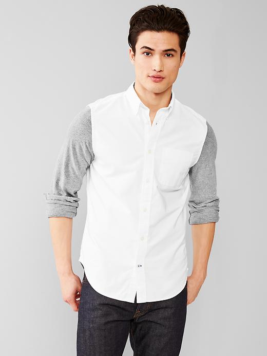 1 of 8 showing, with the color optic white of product Mixed media oxford shirt