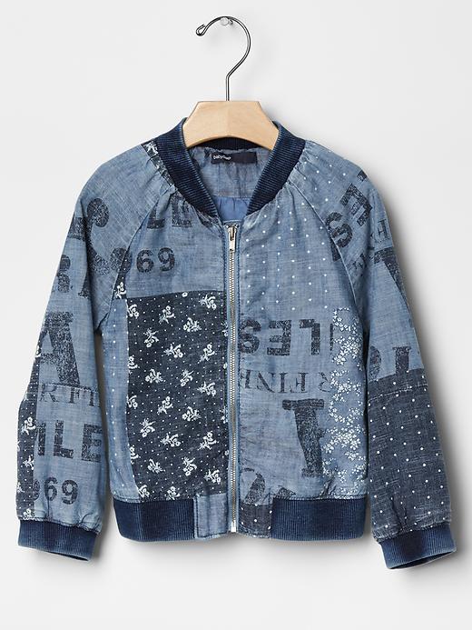 1 of 8 showing, with the color denim of product Denim patch bomber jacket