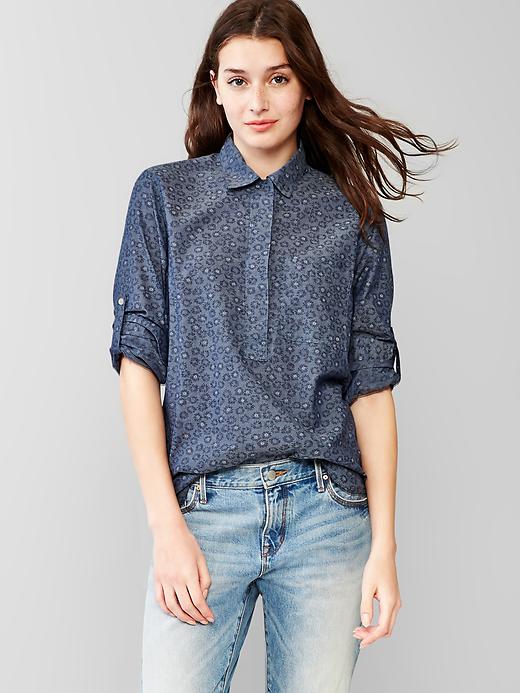1 of 8 showing, with the color blue floral of product Indigo floral roll-sleeve popover