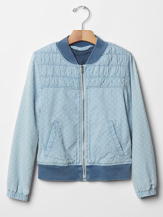 1 of 8 showing, with the color medium wash of product Floral dobby chambray bomber jacket