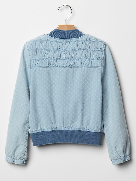 2 of 8 showing, with the color medium wash of product Floral dobby chambray bomber jacket
