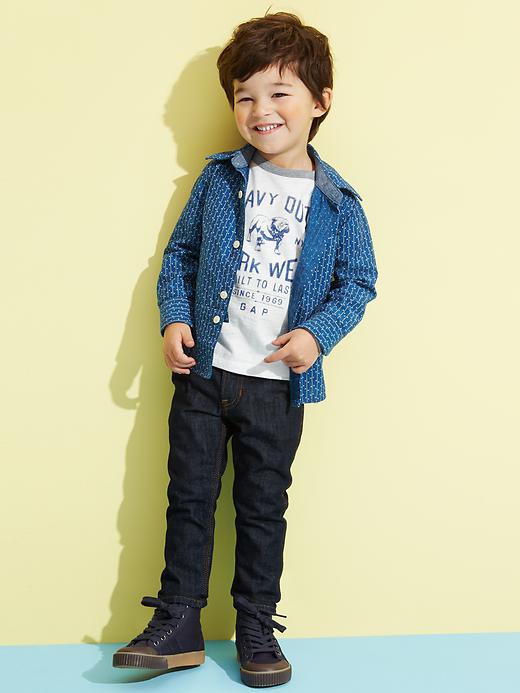 2 of 8 showing, with the color medium indigo of product Indigo dot stripe chambray shirt