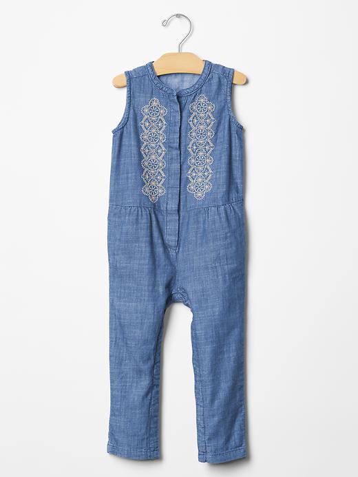 1 of 8 showing, with the color denim of product Embroidered chambray jumpsuit