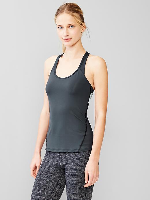 2 of 8 showing, with the color cool lake blue of product GapFit racerback tank with built-in bra