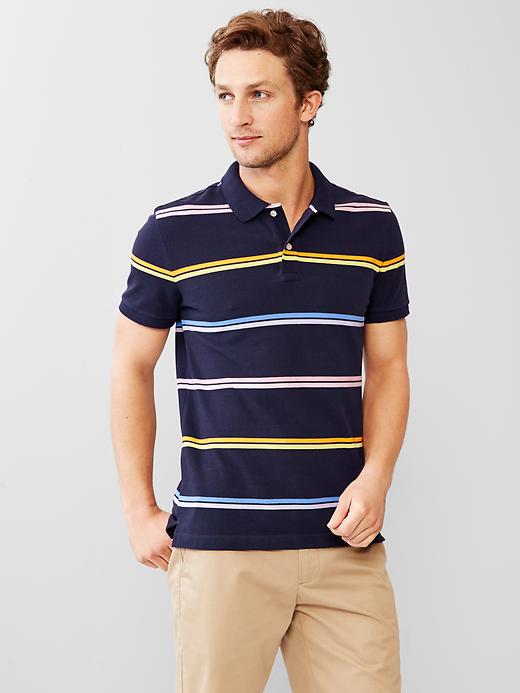 1 of 8 showing, with the color navy stripe of product Double-stripe pique polo