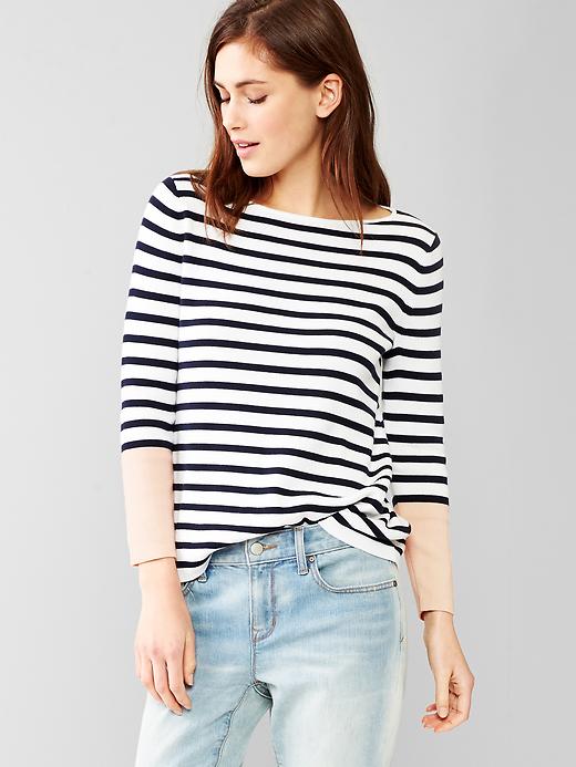 1 of 8 showing, with the color dark night of product Stripe boatneck A-line sweater