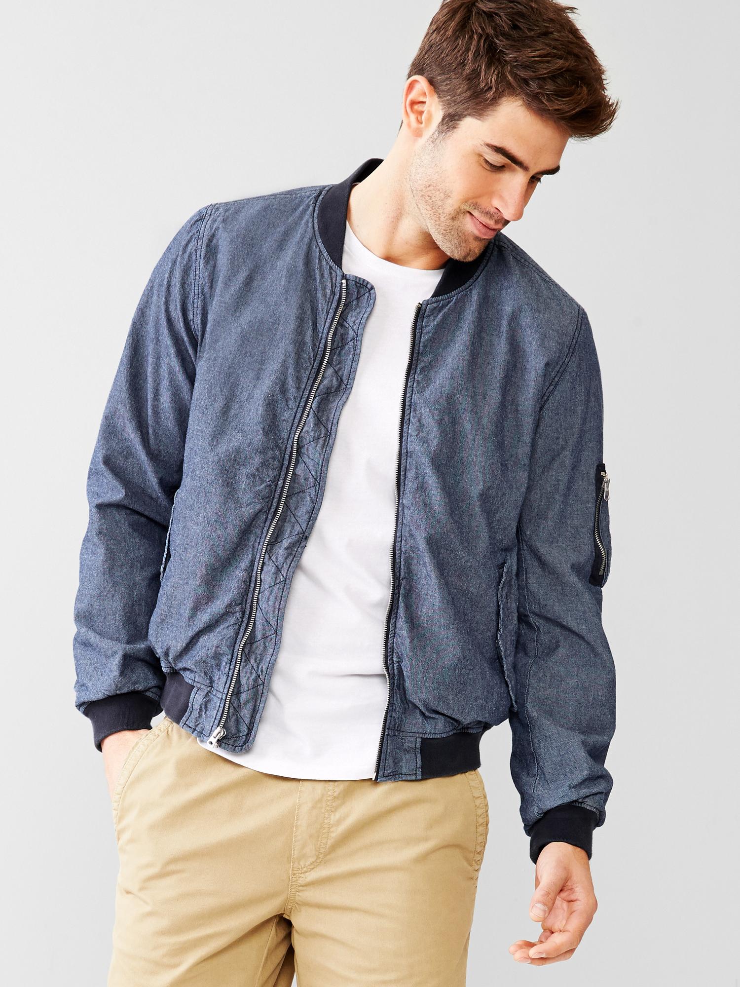 Chambray bomber jacket sales