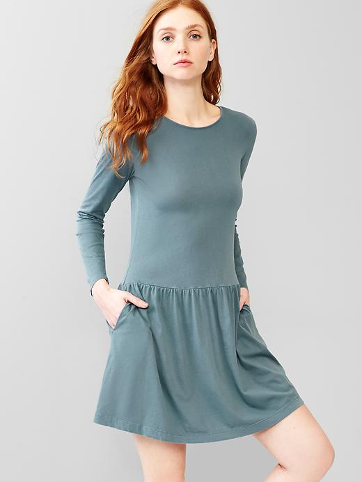 1 of 8 showing, with the color fossil blue of product Long-sleeve flared dress