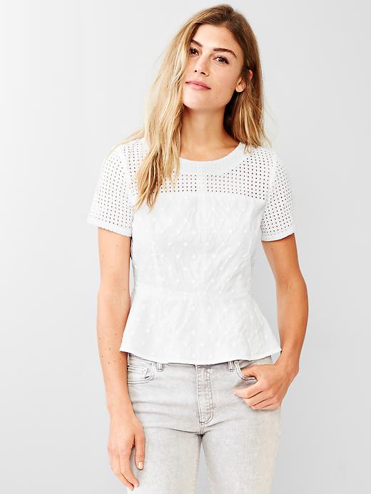 1 of 8 showing, with the color white of product Eyelet embroidered peplum top