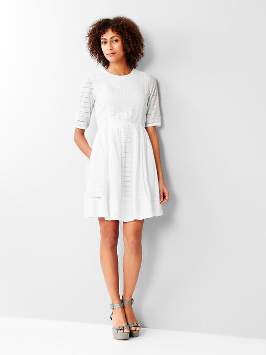 1 of 8 showing, with the color white of product Eyelet-stripe fit & flare dress