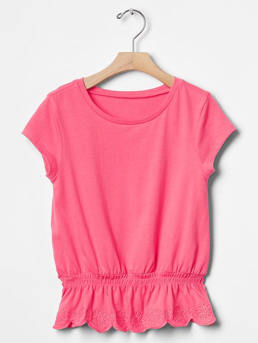 1 of 8 showing, with the color CORAL of product Embroidered peplum tee