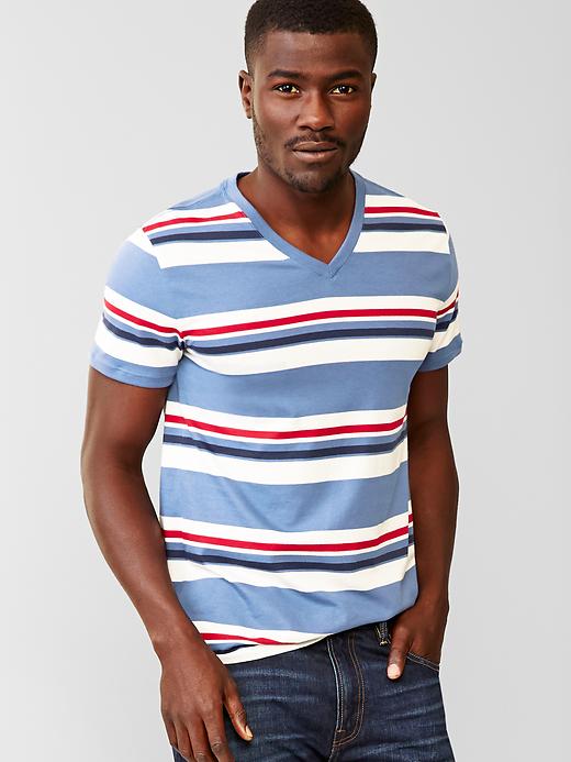 1 of 8 showing, with the color red stripe of product Essential multi-stripe V-neck t-shirt