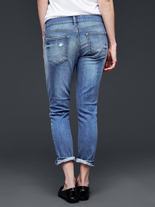 2 of 8 showing, with the color vintage medium blue destroy of product Mid rise destructed best girlfriend jeans