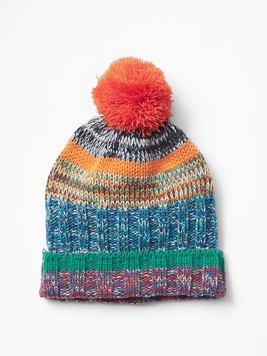 1 of 8 showing, with the color blue space dye of product Multi-stripe pom-pom beanie