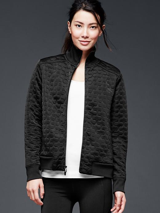 1 of 8 showing, with the color true black of product GapFit quilted bomber jacket