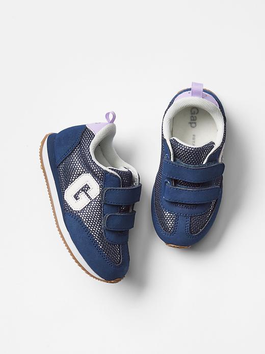 View large product image 1 of 1. Metallic logo trainers