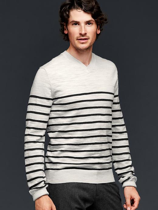 Image number 1 showing, Merino stripe slub V-neck sweater