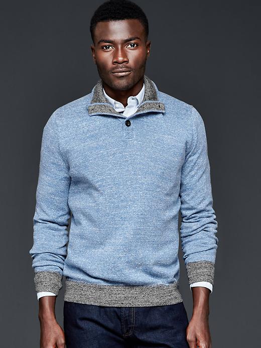 1 of 8 showing, with the color blue of product Marled button mockneck sweater